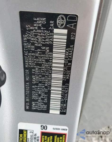 2015 Toyota Corolla L z USA, uszkodzony, nr VIN 2T1BURHE4FC364468